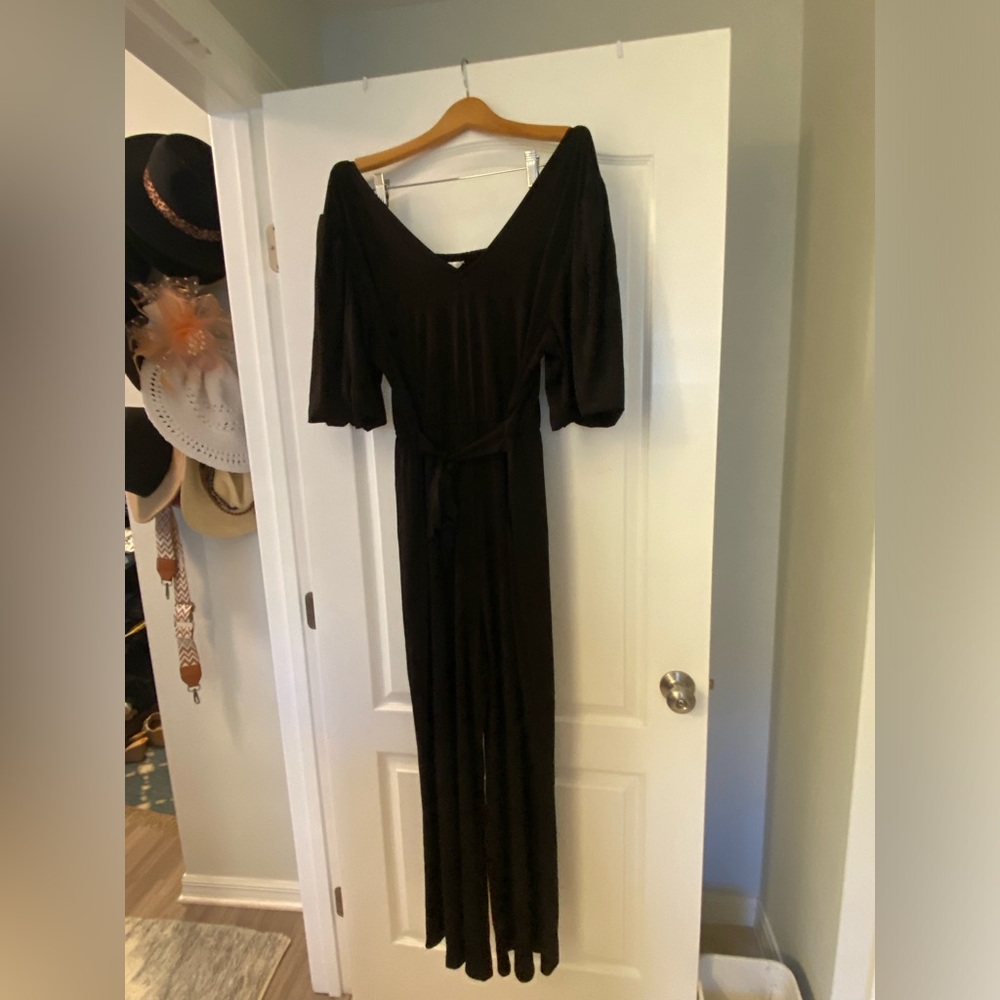 BRAND NEW Black Smocked Back Jumpsuit with Bubble Sleeve with Belted-Tie Waist